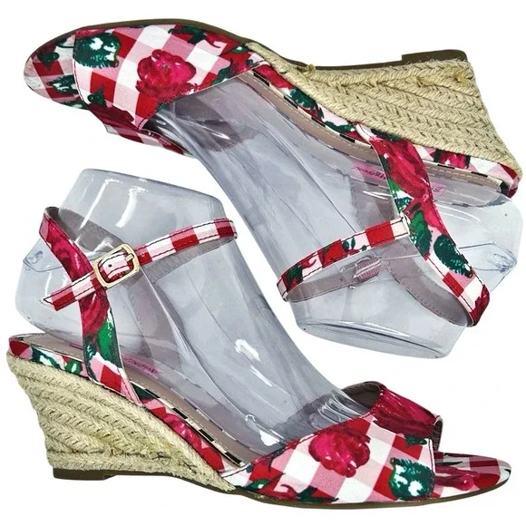 Betsey Johnson Sandals Athena 8.5 Red Gingham Check Floral Wedge Espadrille Shoe - Picture 5 of 10